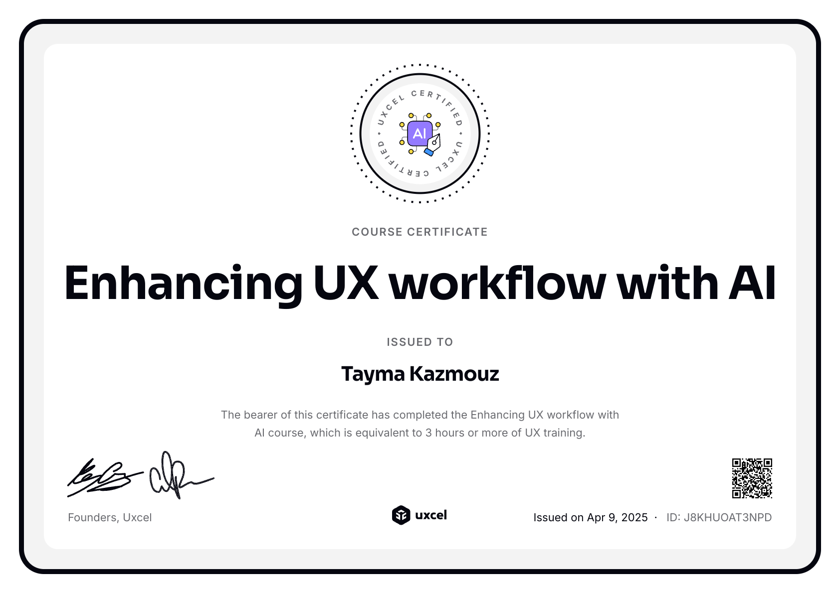 Tayma Kazmouz's certificate